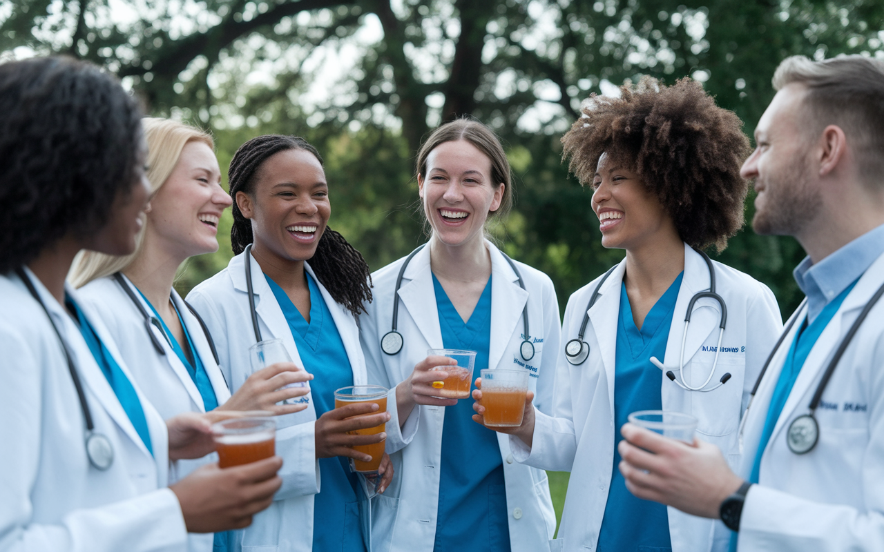 A diverse group of resident doctors enjoying a lighthearted outdoor gathering, laughing and bonding over shared experiences. They are surrounded by greenery and laughter in the air, creating a supportive environment. Each of them holds drinks, showing camaraderie and understanding of each other’s challenges, emphasizing the importance of friendship in alleviating the stress of residency.