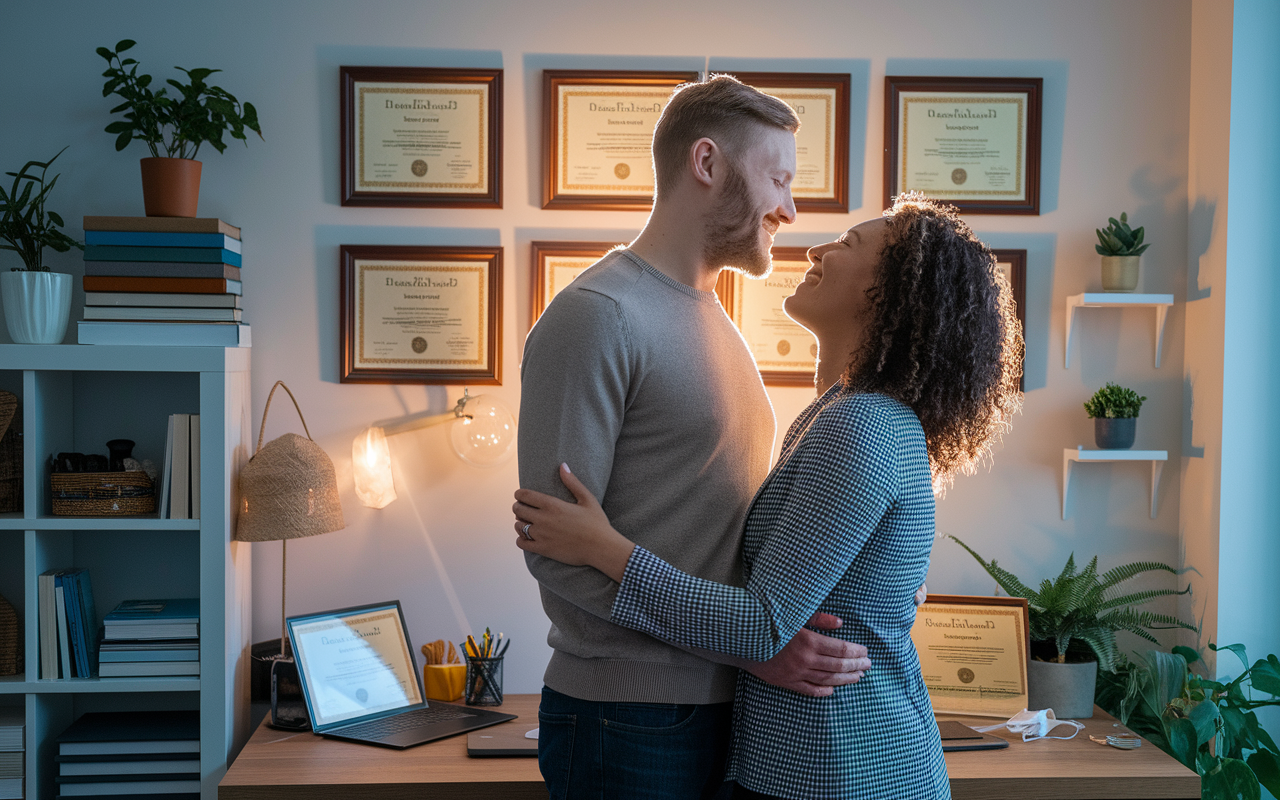 A proud couple in their home office, looking at each other's certificates of achievement on the wall, haloed by warm light. They embrace each other in a heartfelt moment of recognition and support. The room is decorated with personal touches that reflect their individual journeys and an atmosphere of admiration for their accomplishments, reinforcing their partnership amidst the rigors of residency.