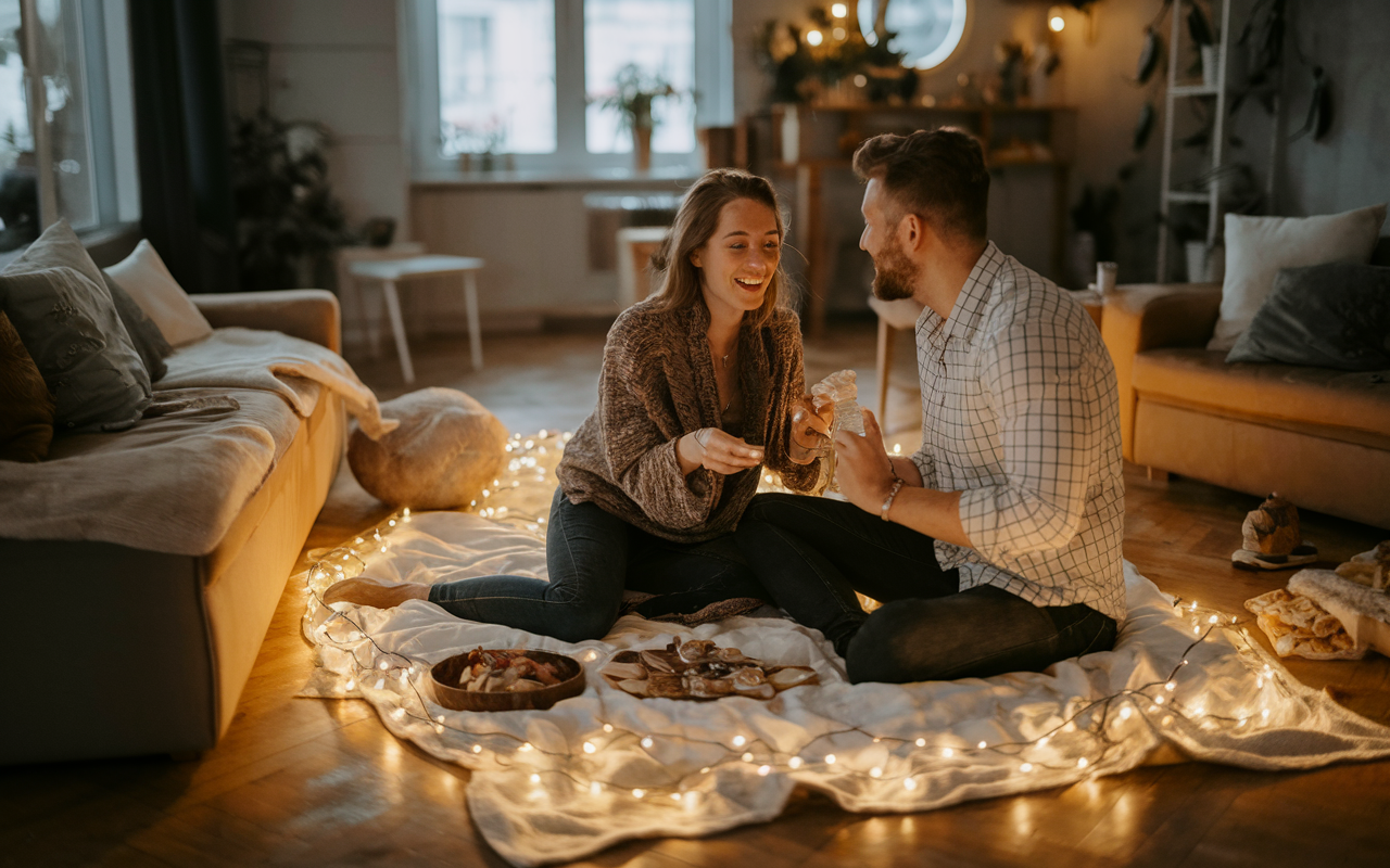 A partner surprises the other with a romantic picnic setup in their living room filled with fairy lights and cozy cushions. They are happily engaged, with a relaxed vibe of laughter and joy. The warm ambient light contributes to an atmosphere of intimacy, depicting a moment that breaks through the chaos of residency with love and creativity.