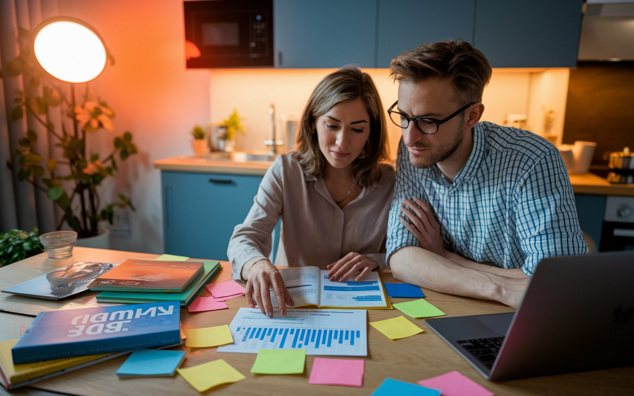 An intimate indoor scene featuring a couple discussing their residency plans at home. They are sitting at a kitchen table strewn with medical textbooks, colorful sticky notes, and a laptop with the NRMP website open. The woman, with medium-length hair, looks inspired while pointing at a chart. The man, with glasses and a thoughtful expression, leans in with interest, bathed in warm, evening light from a nearby lamp, symbolizing understanding and collaboration.