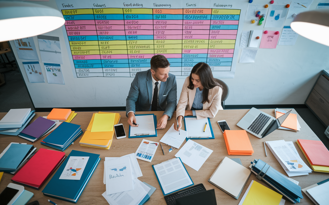 A dynamic office scene of a couple creating their rank order list for residency applications. They sit amidst a sea of color-coded files, papers, and laptops, highlighting different programs on a large whiteboard covered with notes and rankings. The mood is one of intense focus and teamwork, with charts and graphs in the foreground. Bright overhead lighting emphasizes the serious yet collaborative spirit of the moment.