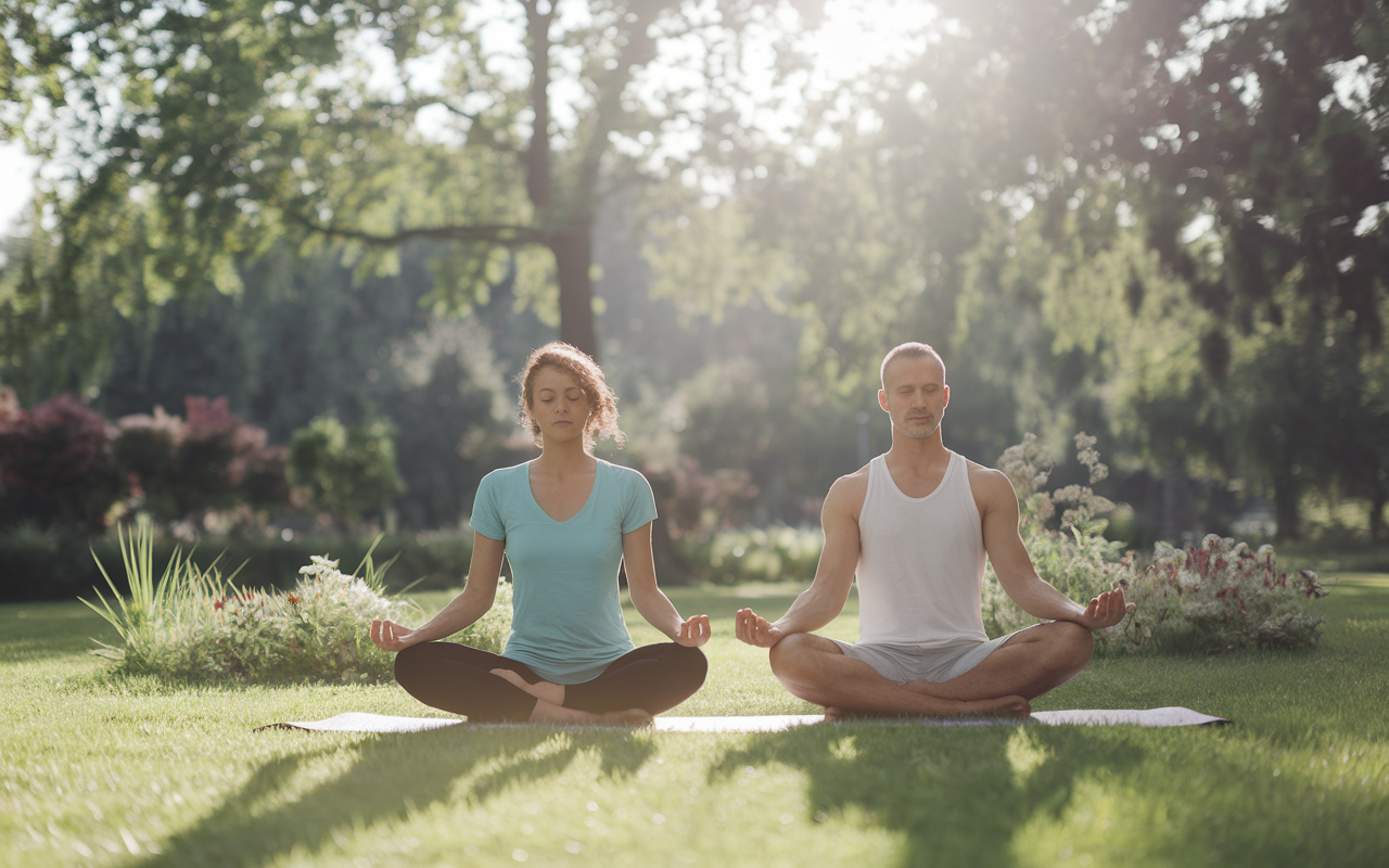 A serene outdoor setting featuring a couple practicing yoga together in a sunlit park. They are focused and calm, surrounded by lush greenery and vibrant flowers, embodying emotional resilience and connection. There's a soft breeze, adding a sense of tranquility, while the warm sunlight filters through the trees, symbolizing support and rejuvenation in their challenging journey.