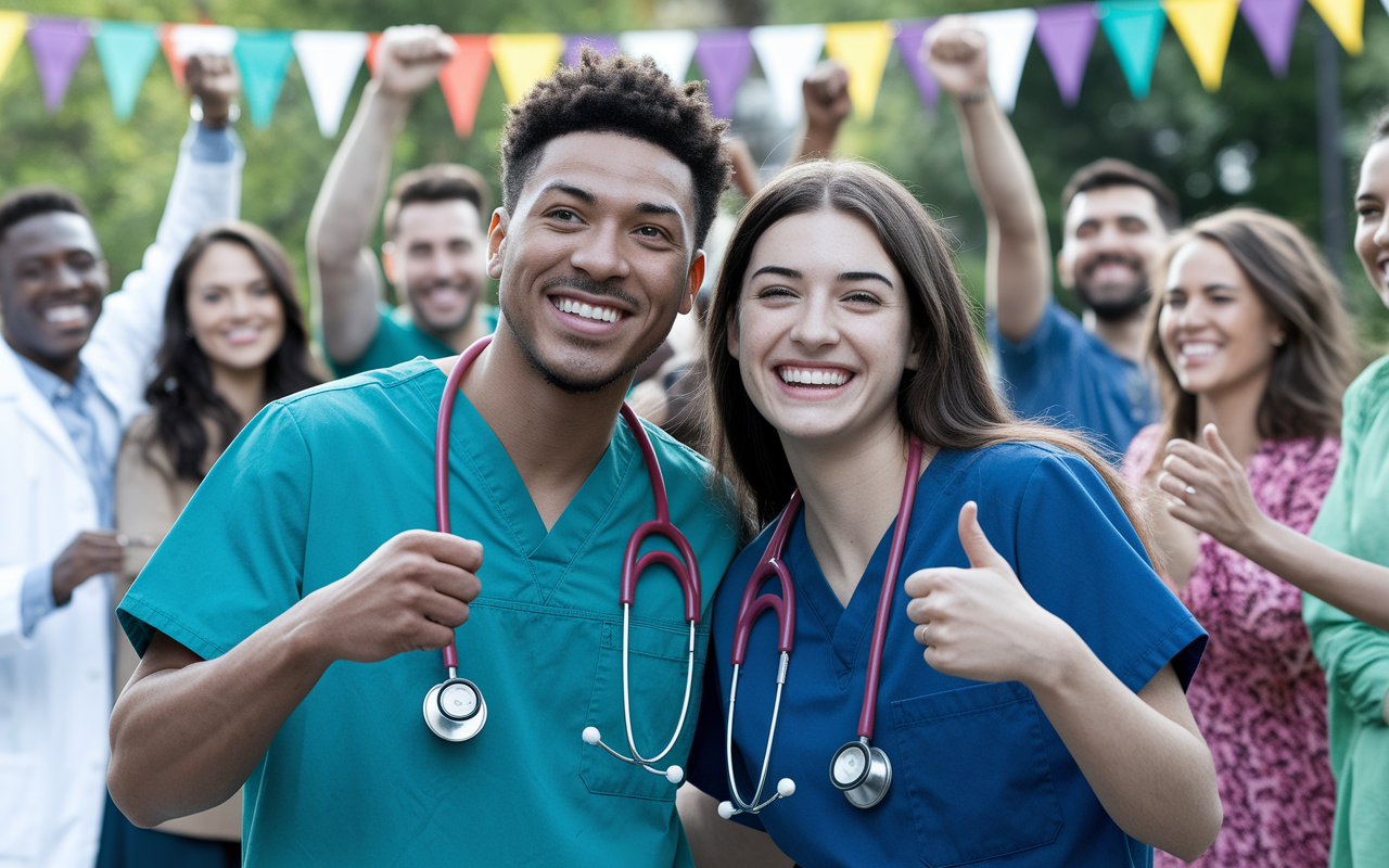 A split-image showing two medical residents, one in surgical scrubs and the other in psychiatry attire, both smiling while they celebrate the achievement of matching together. In the background, their friends and family cheer in an outdoor setting with balloons and decorations, symbolizing their successful partnership and professional journey. Bright, celebratory colors enhance the joyful atmosphere.