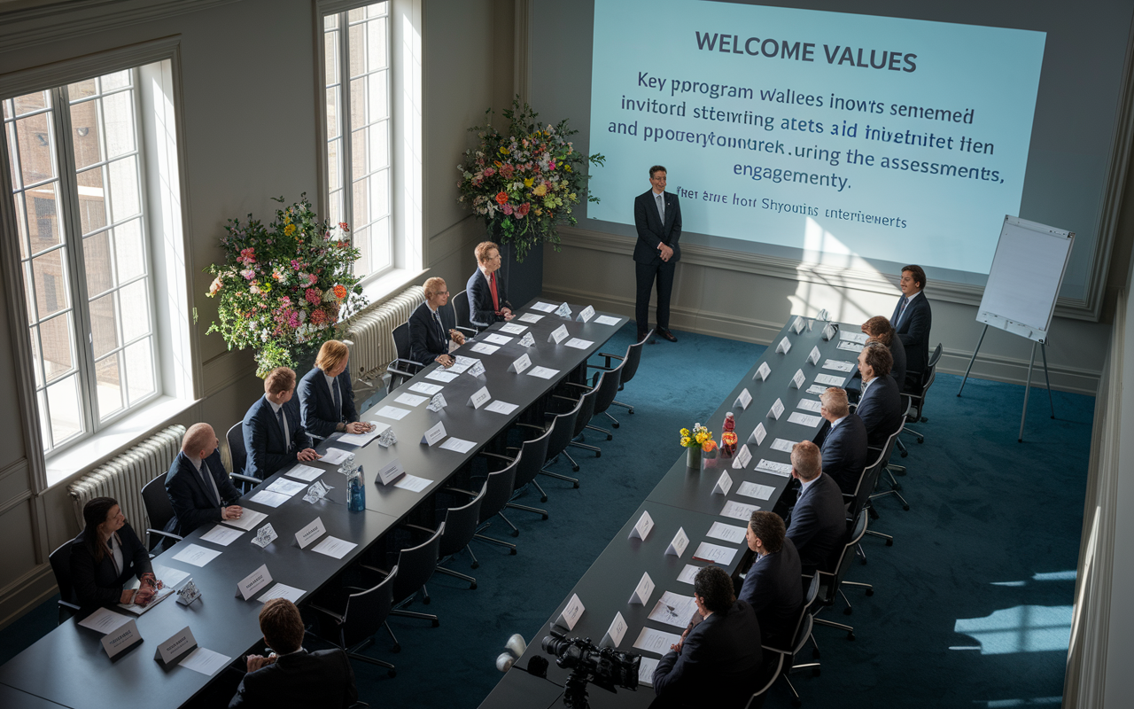 A dramatic overhead view of a conference-style interview room, featuring a long table set with nameplates, a camera setup, and professional interviewers preparing to welcome candidates. The room has large windows letting in natural light, creating a bright and inviting atmosphere. There are flowering plants on the table, symbolizing growth and opportunity, while a whiteboard in the background displays key program values and mission statements, hinting at the kind of direct engagement and assessment during the residency interviews.