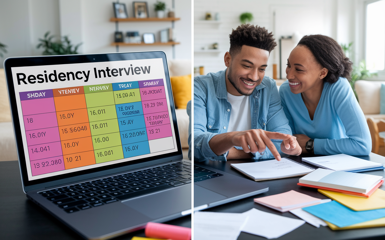 A split-screen image showing a couple organizing their residency interview preparation. On one side, a laptop displaying a colorful shared calendar filled with scheduled mock interviews and preparation dates. On the other side, the couple collaboratively discussing their interview strategies with one partner looking at notes while the other points at the calendar, both smiling. The background is a bright living room highlighting a variety of study materials scattered around, representing their teamwork and planning.