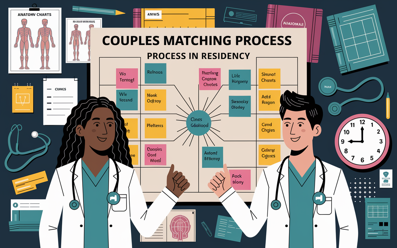 An infographic-style scene illustrating the couples matching process in residency. Show two medical students standing before a large board filled with sticky notes and graphics outlining their preferences and strategies. The students are animatedly discussing their choices, with expressions of determination. The background features a mix of hospital and educational elements—anatomy charts, anatomy books, stethoscopes, and a clock symbolizing the importance of timing.