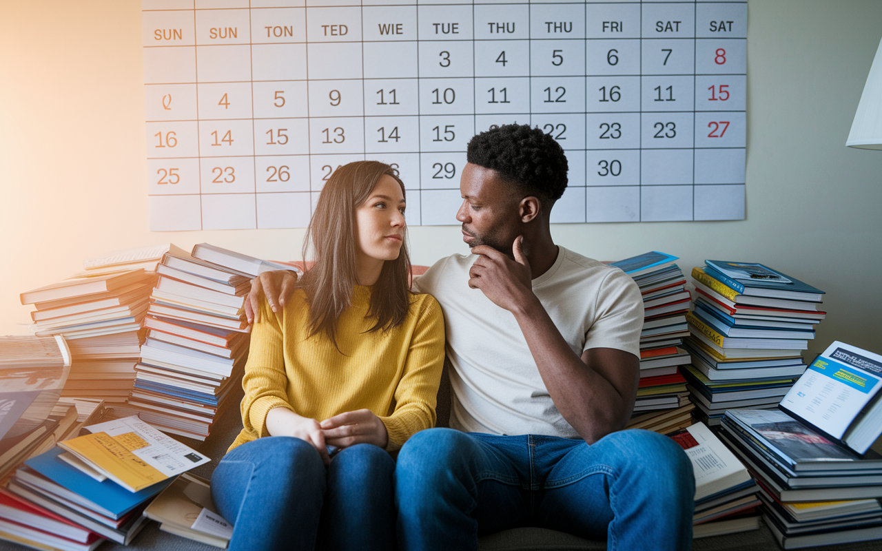 A dynamic visual concept of a couple engaging in a vibrant communication session at home. They are seated on a couch filled with medical journals, with a large wall calendar in the background marking key dates. The lighting is bright, creating a warm atmosphere around their serious discussion, emphasizing the importance of alignment in their career goals. They have thoughtful expressions, signifying trust and support.