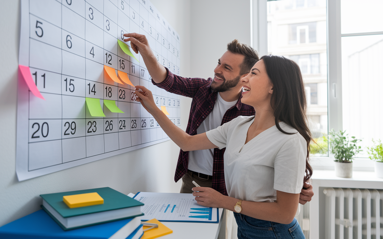 A high-energy visual of a couple interacting with a large wall calendar, each partner pointing at important dates and making notes on sticky tabs. The space is bright and organized, with medical books and charts on a nearby table, showcasing their dedication to entering residency programs. Their expressions convey excitement and determination as they navigate their joint plans.