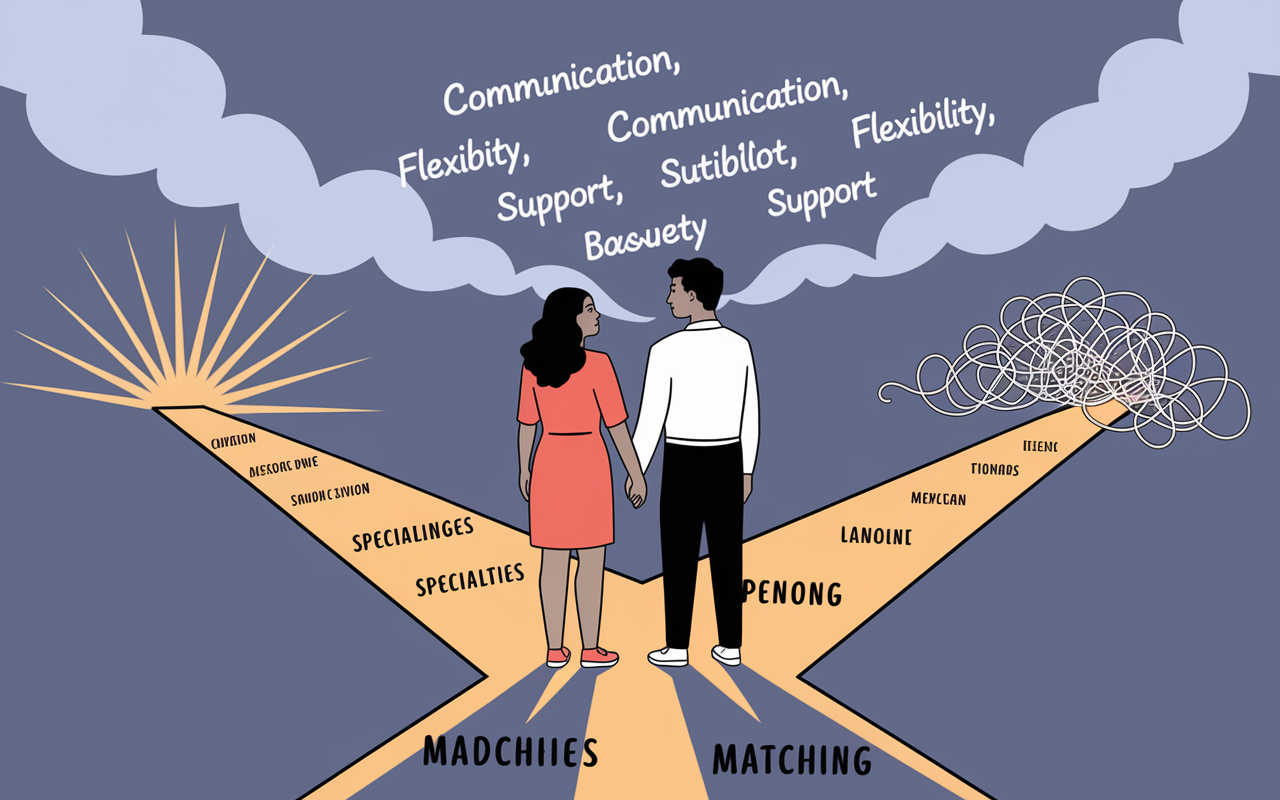 A thought-provoking illustration depicting a couple standing at a crossroads, symbolizing the challenges of couples matching. One path is labeled with medical specialties, shining brighter, while the other is dimmer with tangled timelines and hurdles. They hold hands, looking at each other with determination, illustrated against a cloudy background with strategic keywords floating like 'communication,' 'flexibility,' and 'support' shining above them.