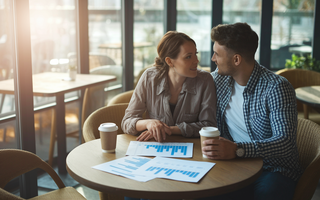 A couple sitting at a wooden table in a cozy cafe, engaged in a deep conversation about their future in medical residency. They have coffee cups in front of them, and scattered papers with notes and graphs about residency options. The ambiance is warm and inviting, with soft sunlight filtering through large windows. The couple's body language reflects openness and support, showcasing the intimacy of their discussion.