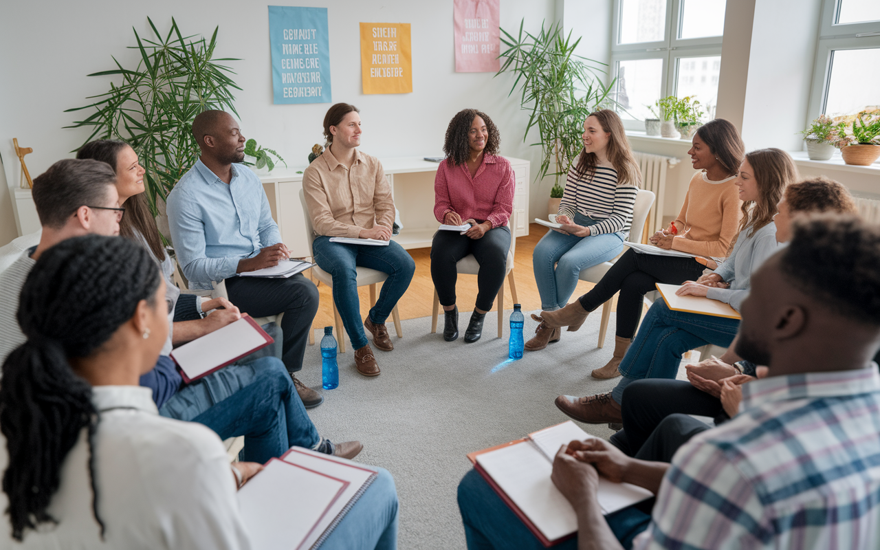 A diverse group of couples sitting in a circle at a support group meeting, sharing experiences about couples matching for residency. There are notebooks, water bottles, and supportive expressions. The room is bright and cheerful, with plants and motivational posters on the walls, emphasizing an atmosphere of empowerment and community support. The image showcases connection and encouragement among participants.