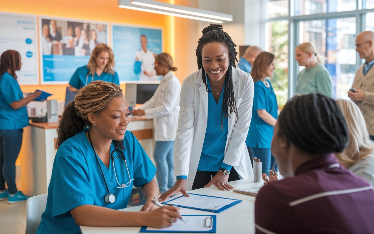 A bustling community health clinic scene where diverse volunteers are assisting patients. One volunteer is completing intake forms at a desk, while another is engaged in conversation with a patient, offering a reassuring smile. The clinic is bright and welcoming, filled with healthcare posters on the walls, emphasizing the importance of community health. Warm overhead lighting enhances the positive atmosphere, reflecting the volunteer spirit and care.