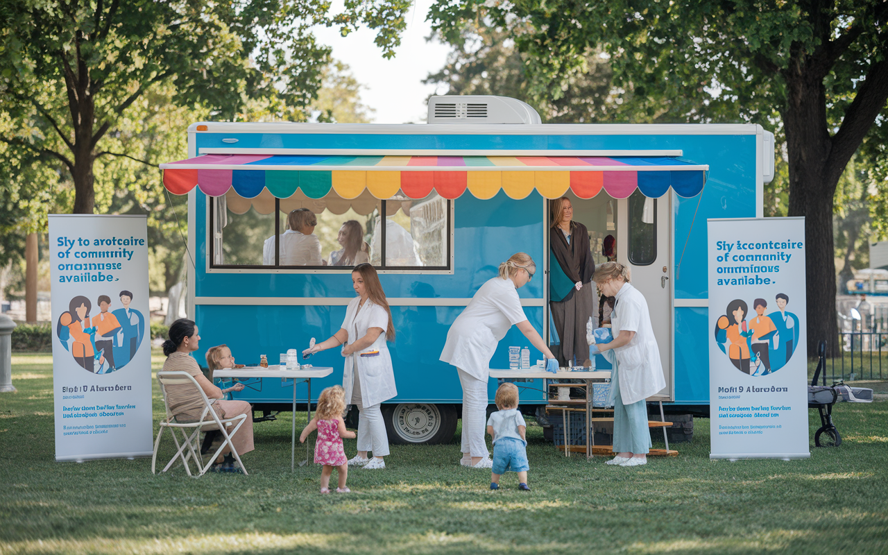 A vibrant mobile health unit stationed in a park, with healthcare professionals engaging with community members of all ages. Volunteers are setting up vaccination stations under a colorful awning while children play nearby. The scene conveys a sense of community and health awareness, with banners promoting the services available. The atmosphere is lively and hopeful, showcasing the importance of accessible healthcare.