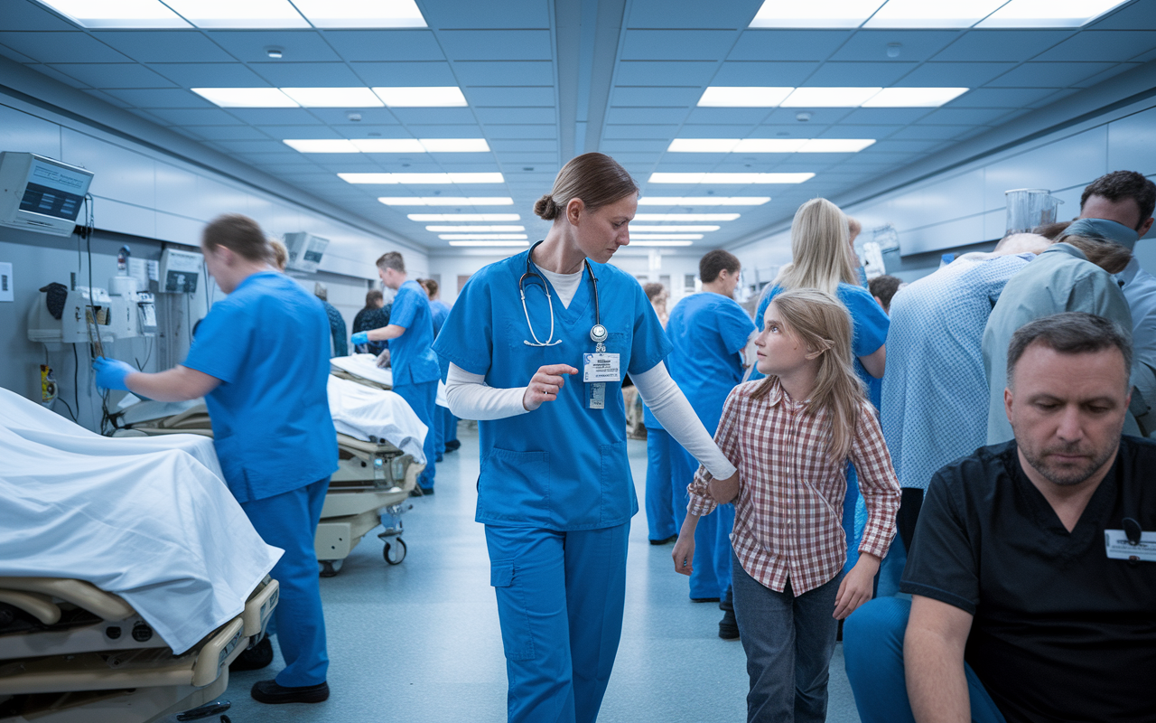 A fast-paced emergency room environment, with a volunteer helping to guide a concerned family through a waiting area. The volunteer is wearing scrubs and looks reassuring while attending to other administrative tasks. Medical staff are actively attending to patients, creating a sense of urgency. The setting is illuminated with bright overhead lights, emphasizing the intensity and commitment found in emergency medicine.