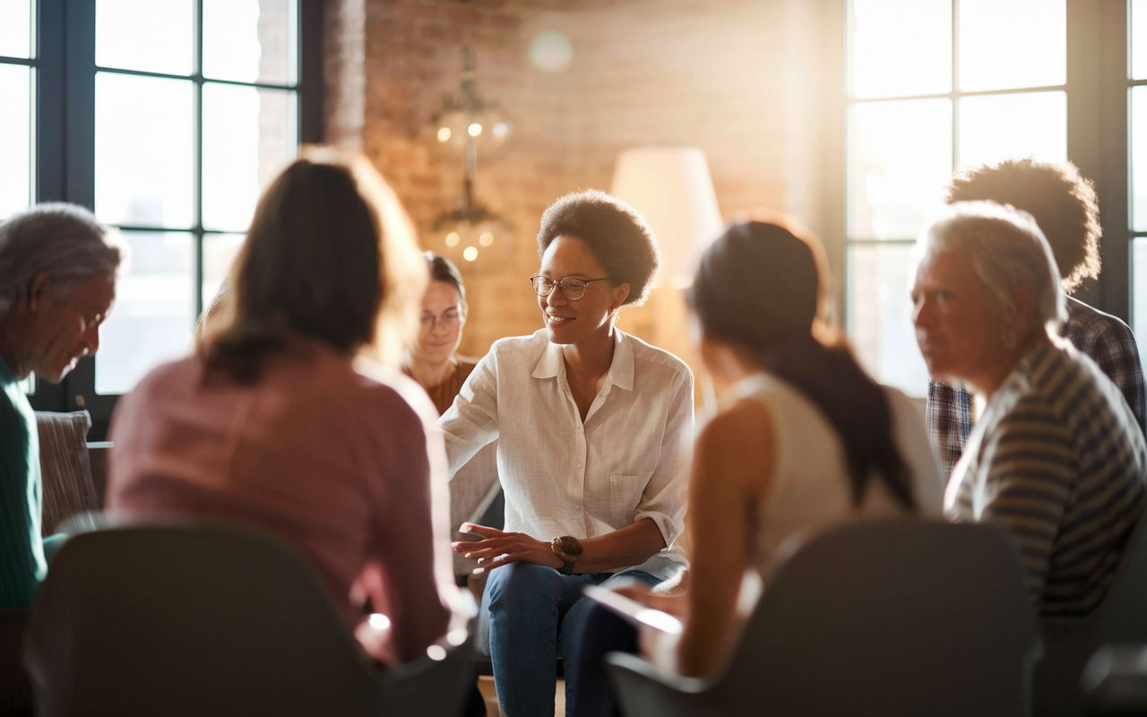 A supportive atmosphere in a cozy room where a volunteer leads a mental health support group. Participants of diverse backgrounds are seated in a circle, engaged in sharing and listening to each other. The warm, natural light filters through the windows, creating a safe and inviting space. The volunteer facilitates discussion with empathy and understanding, reflecting the importance of community in mental health.