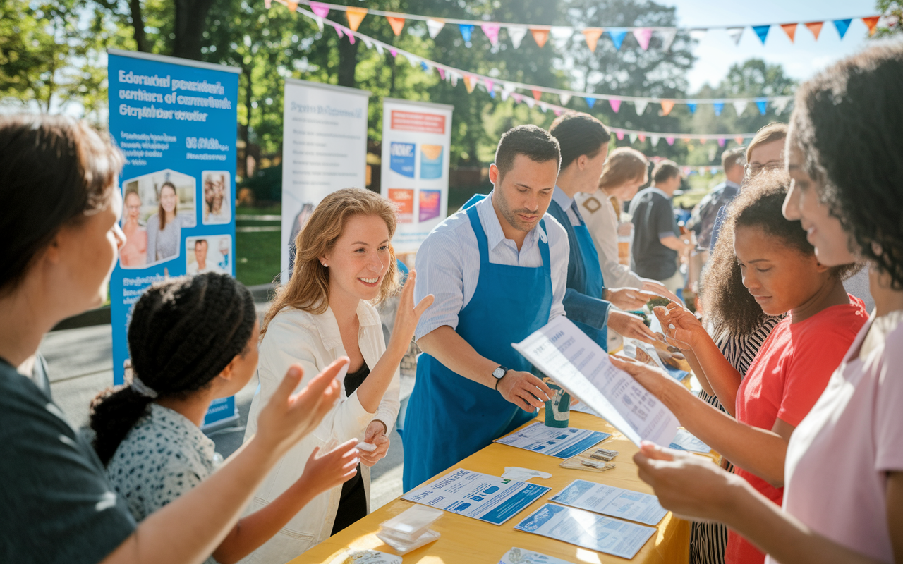 A lively health fair taking place outdoors, where volunteers are actively engaged with participants. One volunteer is demonstrating a health assessment technique to an interested viewer, while another is distributing educational pamphlets to families. Colorful banners advertise various health services, and there is a noticeable sense of community and enthusiasm for wellness. Natural sunlight and cheerful decorations create an inviting environment.