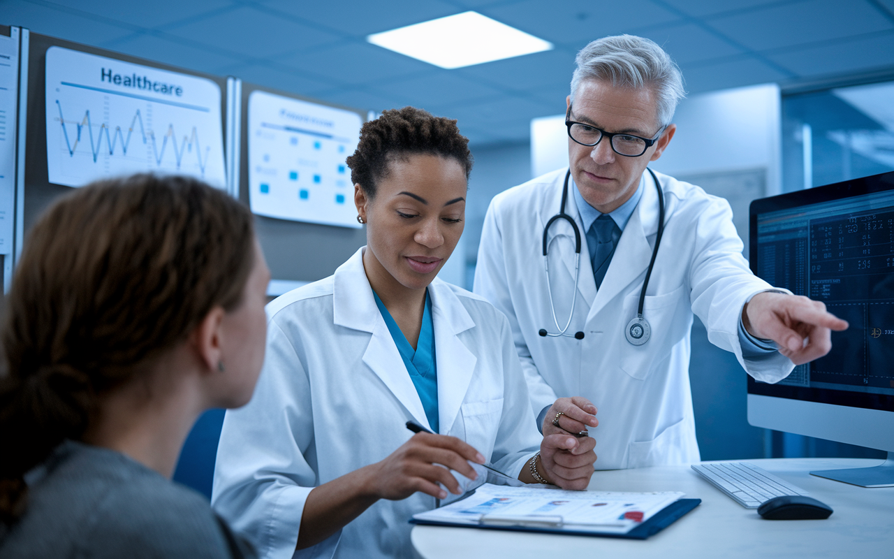 A clinical research setting where a volunteer gathers data from patients with the guidance of a healthcare researcher. The atmosphere is focused and professional, with charts and clinical data displayed prominently. The researcher points at a computer screen, explaining the importance of their work. The lighting is bright and clinical, highlighting the importance of research in advancing medical knowledge.