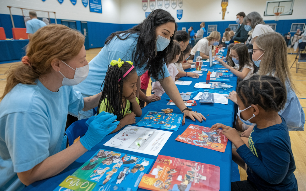 A vibrant public health campaign in a local school gym, where volunteers are engaging with children and families on vaccination and nutrition. Colorful materials and interactive displays are set up, while enthusiastic volunteers educate attendees. Lively interactions create a sense of excitement about health education and preventive practices, with bright colors and joyful expressions enhancing the atmosphere.