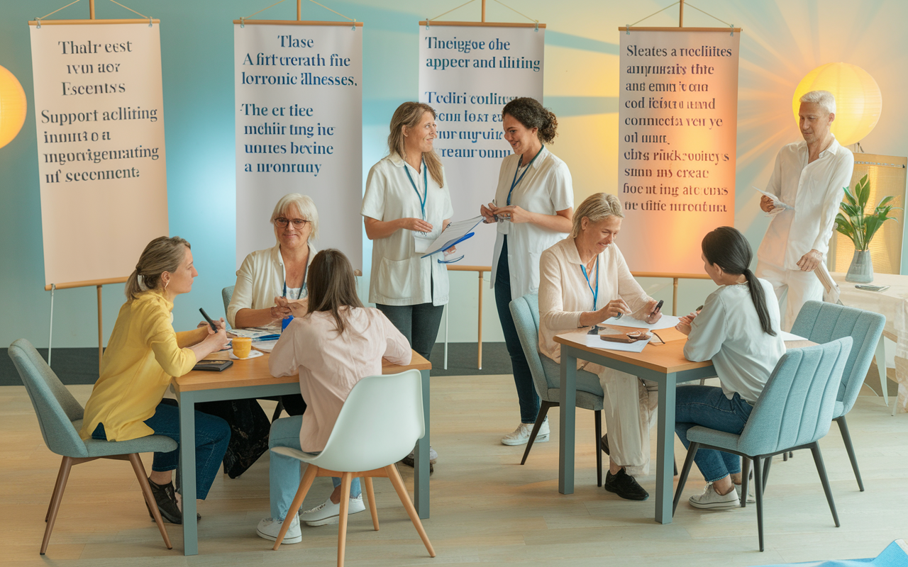 An organized workshop dedicated to patients with chronic illnesses, with volunteers facilitating activities and engaging with attendees. The atmosphere is supportive and informative, with banners outlining the day's events. Participants are actively involved in group discussions, fostering community and connection, under soft lighting that creates a warm and inviting environment.