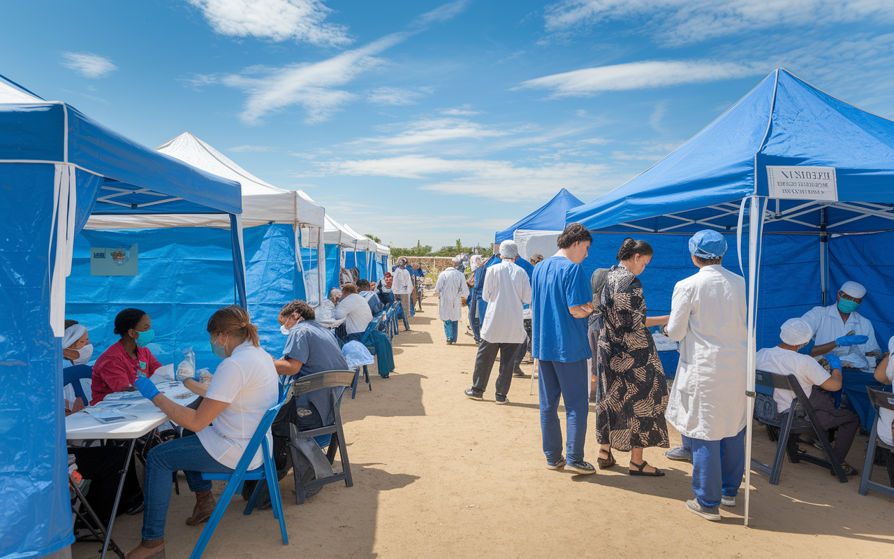 A bustling medical camp abroad in a low-resource setting, where volunteers are providing care to local communities. The scene captures healthcare workers setting up consultation tents under a blue sky, interacting with patients from diverse backgrounds. The atmosphere is filled with compassion and dedication, showcasing cross-cultural interactions and the spirit of global health service.