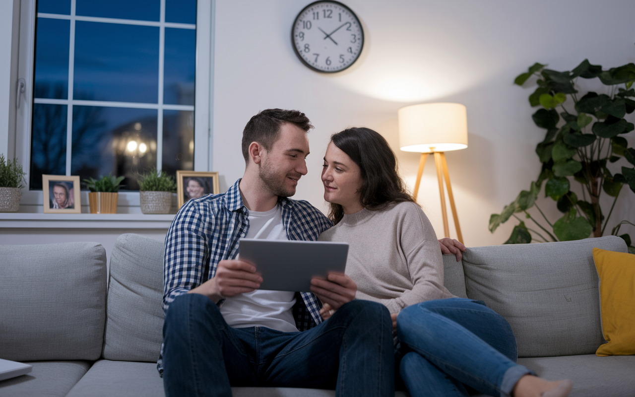 A couple in a bright, modern living room engaged in a deep conversation, one holding a tablet displaying their residency options. Their body language is open and supportive, showing emotional connection as they lean toward each other. A large wall clock shows that it's late evening. Natural light from a large window creates a soft glow. Personal items like framed photos and plants surround them, illustrating their shared life and goals.