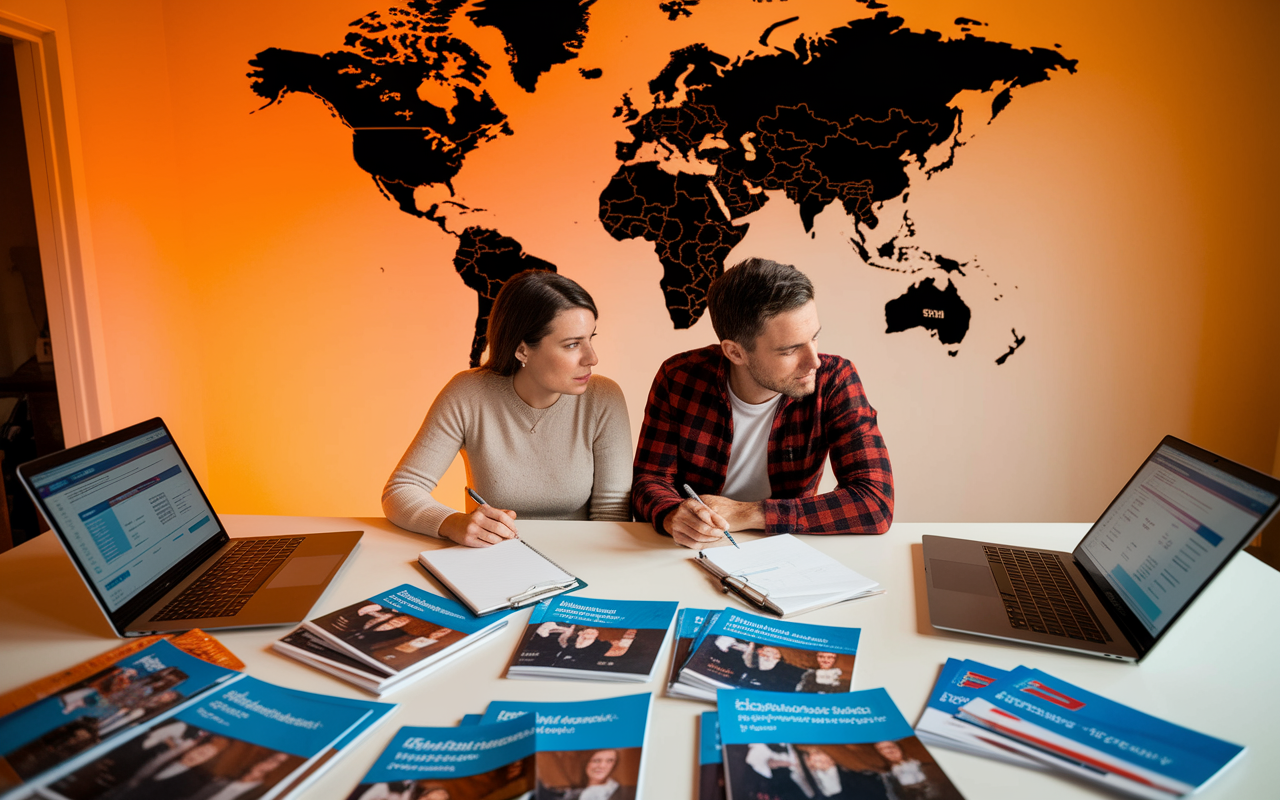 A couple in a home office, sitting side by side at a large desk cluttered with medical brochures and laptops open to residency program websites. They look focused and are taking notes together, with a large world map on the wall highlighting different locations of programs they're considering. The warm lighting creates a productive atmosphere, emphasizing teamwork and commitment to their future.