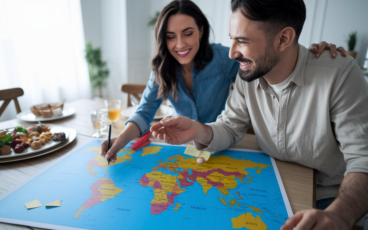 A couple gathered around a large world map spread out on their dining table, placing pins and notes indicating their preferred residency locations. Their expressions reflect excitement and anticipation about their future. The room is bright, with a gourmet meal prepared, hinting at the importance of nurturing their relationship during this critical phase in their lives.