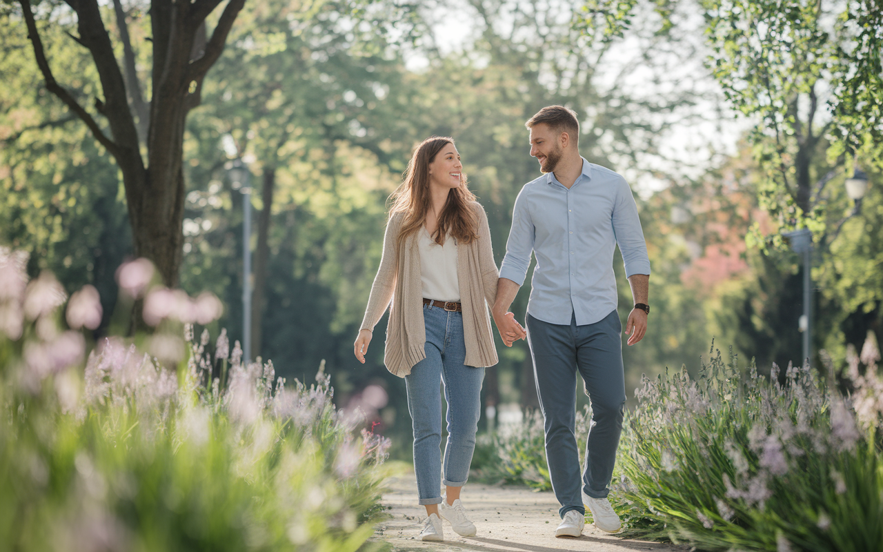 A couple in a serene park, walking hand-in-hand while enjoying nature, surrounded by blooming flowers and trees. Their expressions are relaxed, embodying the tranquility of the moment. They share a light laugh, highlighting their connection and the importance of stress management during the demanding residency match process. Gentle sunlight filters through the leaves above.