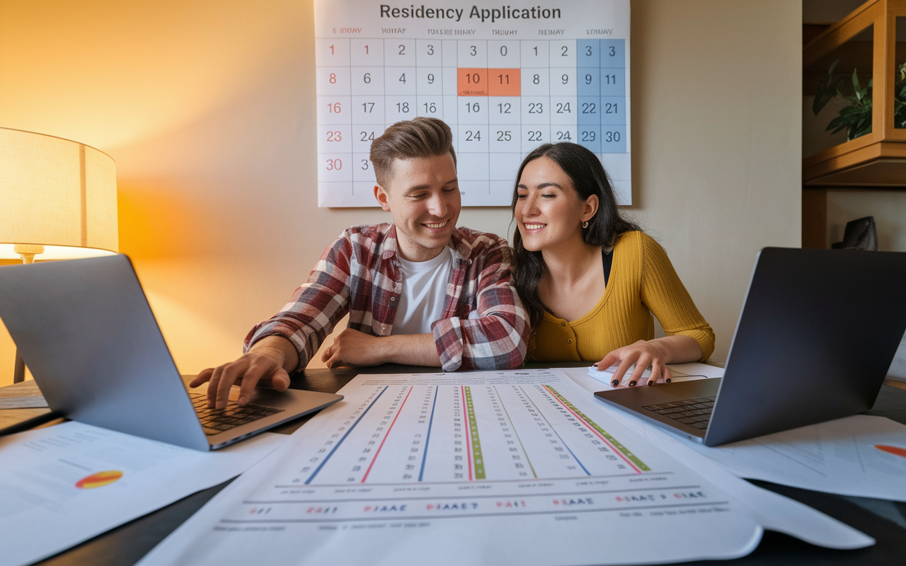 A young couple, sitting at a dining table, working together with laptops and papers spread out, creating a detailed joint timeline for their residency application. The scene is warmly lit with a calendar on the wall showing important dates. The couple looks focused yet relaxed, conveying a spirit of collaboration. A large wall calendar with color-coded entries for different deadlines adds a sense of structure and organization to their environment.