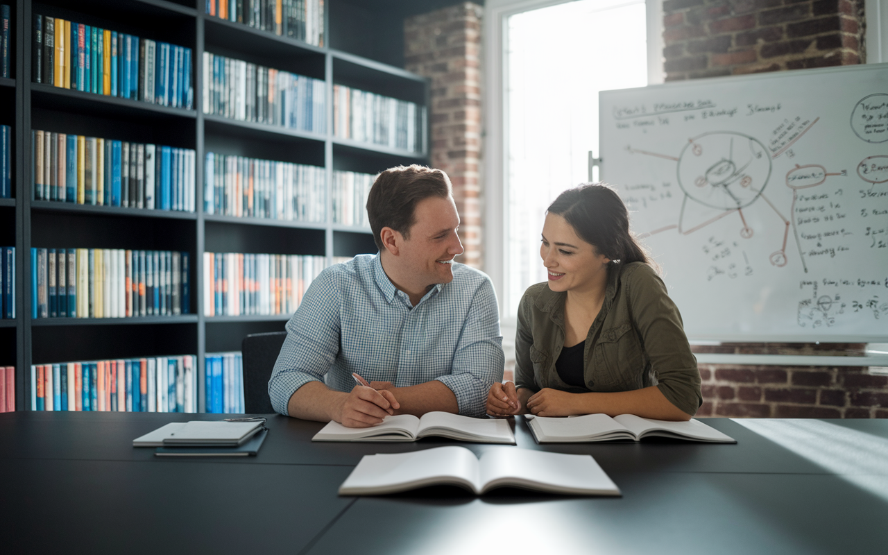 A cozy study room with bookshelves filled with medical textbooks, where a couple sits side by side at a large desk, going over notes together. Both look engaged and supportive as they share insights. Soft, diffused light comes through the window, creating a productive environment. A whiteboard in the background displays complex medical formulas and diagrams, enhancing the academic atmosphere.