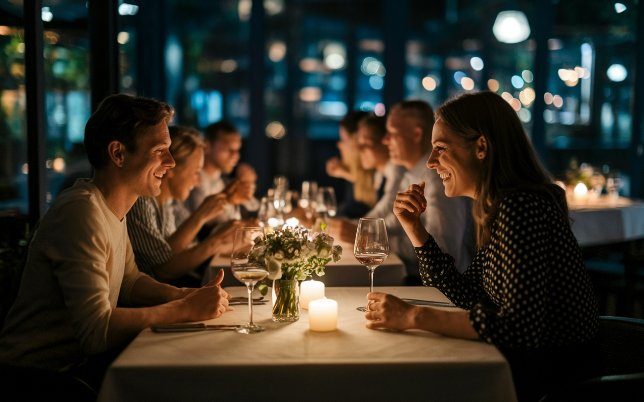 A romantic evening setting in a beautifully set restaurant where a couple enjoys dinner. The dim lights cast a warm glow over the table adorned with candles and a small bouquet. Both partners are smiling and laughing, clearly enjoying each other's company, showcasing the importance of balance amidst their busy schedules. The atmosphere feels intimate and serene, with other diners in the background creating a sense of community.