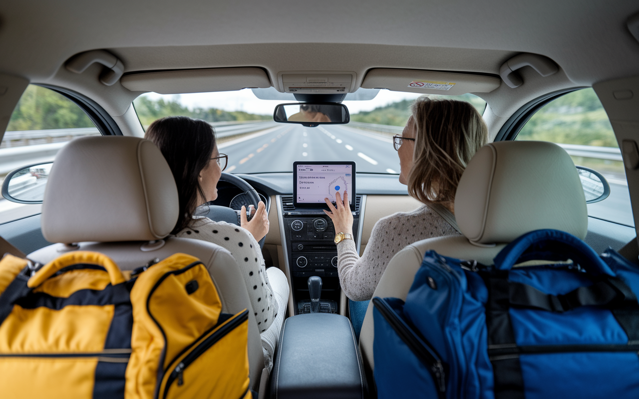 A couple driving together in a comfortable car with bags in the backseat, looking at a GPS that shows directions to their residency interviews. The scene captures a moment of lighthearted conversation, with the highway stretching ahead. The car interior is bright and filled with personal items, showcasing a journey filled with anticipation and togetherness.