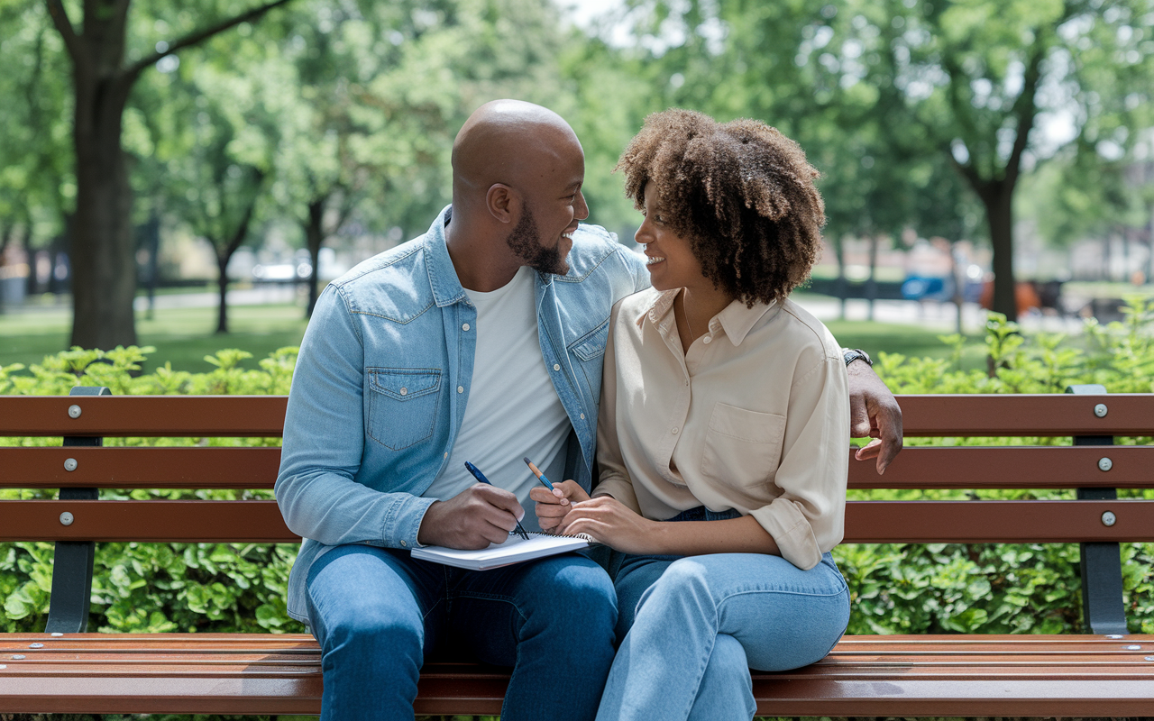 A couple sitting on a park bench surrounded by nature, deeply engaged in an open conversation about their career aspirations and specialty preferences. The scene is bright and colorful, indicating a positive atmosphere of trust and understanding. A notepad rests on their lap, where they jot down ideas and rankings, symbolizing collaboration and teamwork.