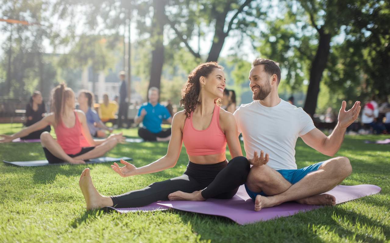 A couple outdoors in a sunny park, participating in a vibrant workout session, doing yoga together surrounded by greenery. They are smiling and focused as they share positive energy. The scene captures the joy of physical activity while fostering relationship bonding, with other park-goers enjoying leisurely activities in the background.