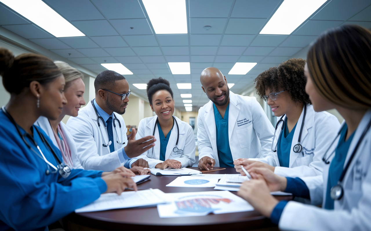 A vibrant scene in a hospital with a group of diverse International Medical Graduates (IMGs) actively participating in a clinical meeting. They are gathered around a round table, discussing patient cases with attending physicians and residents. The atmosphere is collaborative, with charts and medical diagrams spread out. Bright fluorescent lights illuminate the room, highlighting their engaged expressions as they interact, showcasing camaraderie and teamwork in the U.S. healthcare environment.