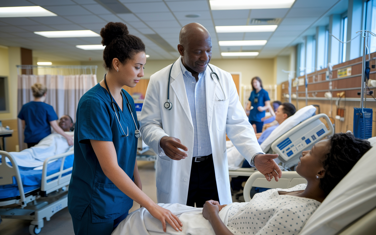 A focused International Medical Graduate (IMG) engaged in a hands-on externship working alongside a licensed physician in a busy hospital ward. The physician, an older male, is teaching the IMG how to approach a patient, illustrating techniques of compassionate communication. The room is bustling, with nurses attending to various tasks and patients in the background. The light is bright and realistic, highlighting the compassionate nature of medical practice.