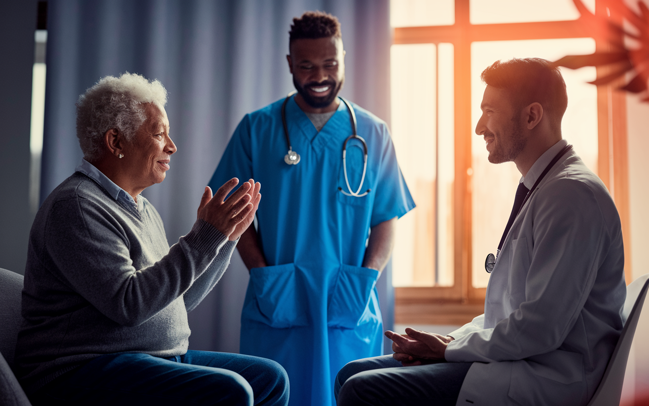 An International Medical Graduate (IMG) observing a patient-centered care scenario in a consultation room. The patient is seated and expressing concerns to an empathetic physician, who nods attentively. The IMG stands by, observing the importance of communication and rapport building in medical practice. The atmosphere is one of trust and understanding, illuminated by warm, welcoming light from a nearby window.