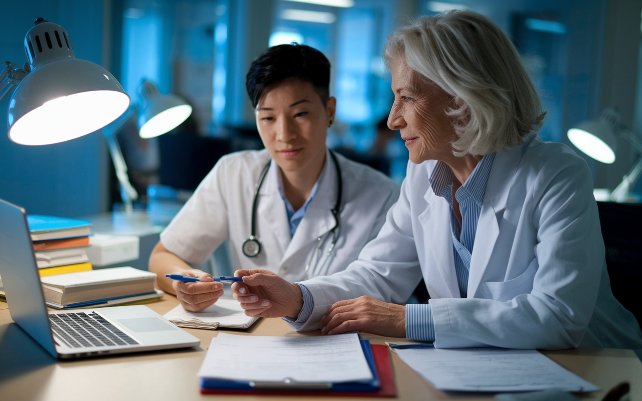 A young International Medical Graduate (IMG) engaging in a mentorship session with an experienced physician in a hospital office. The physician, a middle-aged woman, is sharing insights from a case file, pointing to data on a laptop screen, while the IMG takes notes eagerly. The office is filled with medical books and charts, with a soft glow from desk lamps, creating a nurturing learning environment.