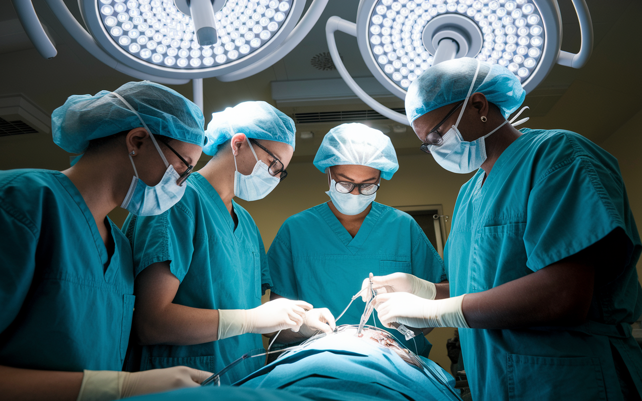 A group of International Medical Graduates (IMGs) in scrubs actively participating in a hands-on externship in a surgical room. They are assisting a surgeon during a procedure, displaying a mix of concentration and determination. Bright surgical lights illuminate the scene, and the atmosphere is filled with a sense of urgency and expertise, as they take pride in contributing to patient care.