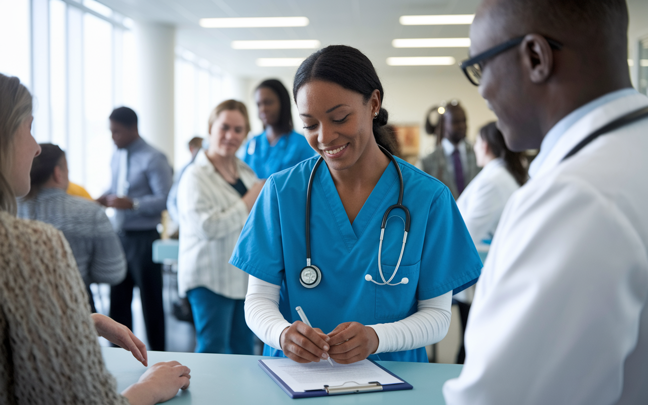 An International Medical Graduate (IMG) in scrubs volunteering to assist during a busy shift at a community clinic. The IMG is actively engaging with patients, taking histories, and demonstrating initiative in front of a supervising physician. The clinic is lively, filled with patients and healthcare staff, with bright and inviting lighting emphasizing the community health atmosphere.