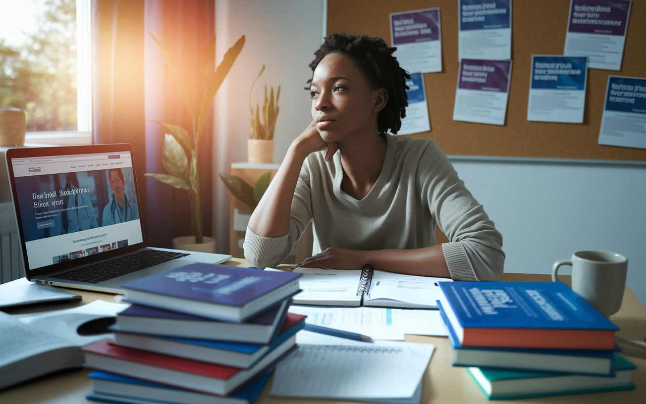 A focused IMG sitting at a desk cluttered with medical textbooks, a laptop displaying a medical school's website, and notes scattered everywhere. The atmosphere is a mix of determination and hope, as sunlight filters through a nearby window, casting a warm glow over the workspace. The background features a bulletin board filled with pinned flyers about observership opportunities, creating a sense of ambition and organization.