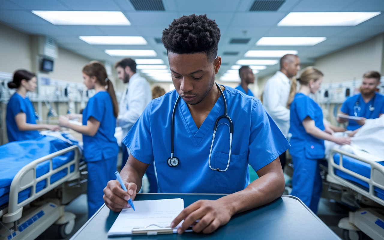 A focused international medical graduate in scrubs, studying and taking notes at a busy hospital ward, surrounded by colleagues discussing patient care strategies. The environment is dynamic with nurses attending to patients and doctors reviewing charts. The lighting is bright, emphasizing the energy and commitment to learning. This moment encapsulates the hustle and dedication required in a clinical setting.