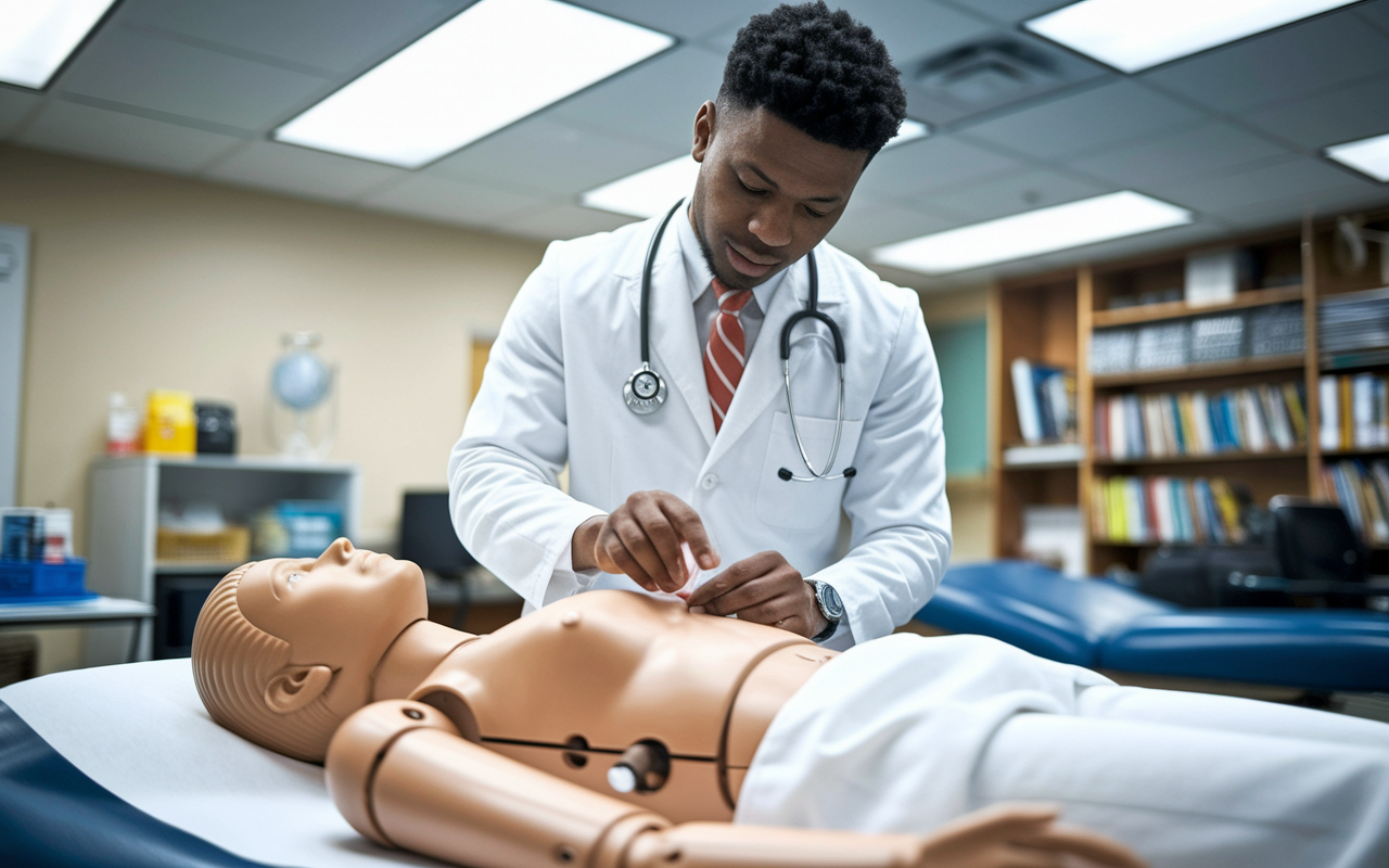 An international medical graduate practicing clinical skills, concentrating on a physical examination on a training mannequin in a simulation lab. Brightly lit with medical tools and textbooks in the background, the atmosphere is focused and learning-oriented, showcasing the hands-on approach to medical education and the importance of practical skills.