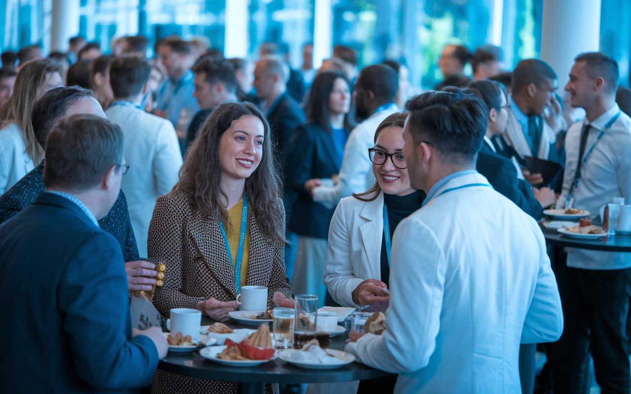 A networking event at a medical conference where international medical graduates engage with attending physicians and residents. The ambiance is lively, with people exchanging ideas and experiences over refreshments. Attendees showcase diverse backgrounds in the context of establishing professional relationships, portraying the value of connections in advancing medical careers.