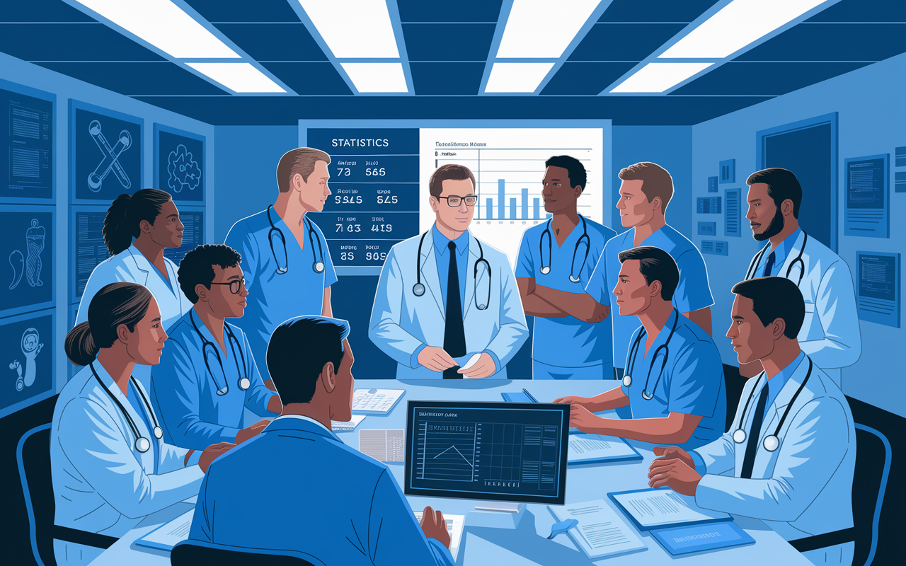 An illustrative scene depicting a collaborative meeting among healthcare professionals in a U.S. hospital, including physicians, nurses, and IMGs, discussing patient care strategies. The room is filled with medical charts, technology, and a large screen displaying statistics. The atmosphere is dynamic and collaborative, with diverse professionals engaged in serious conversation, illuminated by bright overhead lighting that highlights their focus and determination to improve patient outcomes.