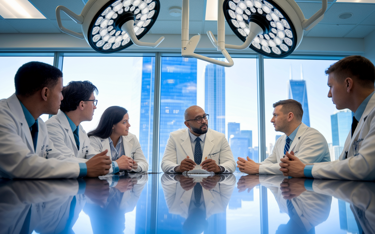 A determined IMG, Dr. Mohammed, energetically engaging in discussions with surgical residents and attendings in a high-tech hospital conference room, deep in discussion about complex neurosurgery cases. Charts, anatomical models, and surgical tools populate the space, reflecting a rigorous academic environment. Bright fluorescent lighting and a large window overlooking the city skyline create a vibrant atmosphere of ambition and learning.