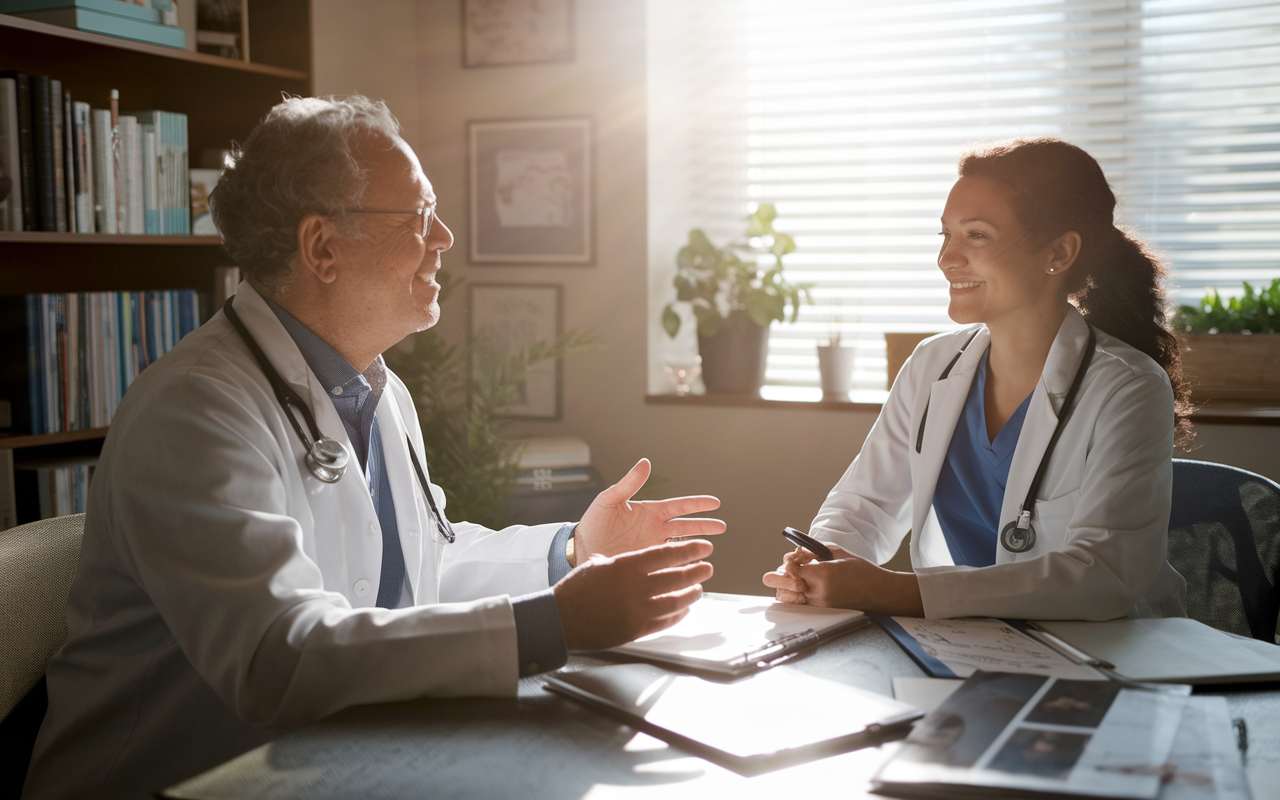 A warm scene depicting Dr. Elena engaged in a mentorship session with a seasoned primary care physician in a cozy office. The physician shares wisdom and insights, with patient charts and medical books scattered around. Sunlight streams through the window, casting a comforting glow that symbolizes the development of Elena's skills. Dr. Elena listens intently, showcasing a blend of gratitude and eagerness to learn, highlighting the transformative power of mentorship.