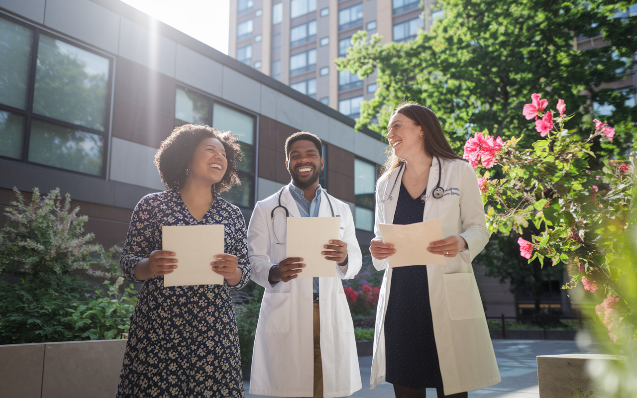 A joyful moment capturing Dr. Anaya, Dr. Mohammed, and Dr. Elena celebrating their achievements in a hospital courtyard. The trio, diverse in backgrounds, is laughing and exchanging stories under the sun, holding their acceptance letters for residency programs. Vibrant flowers and greenery surround them, symbolizing growth and triumph in their medical journeys. The scene radiates happiness and hope, highlighting the transformative power of observership experiences.