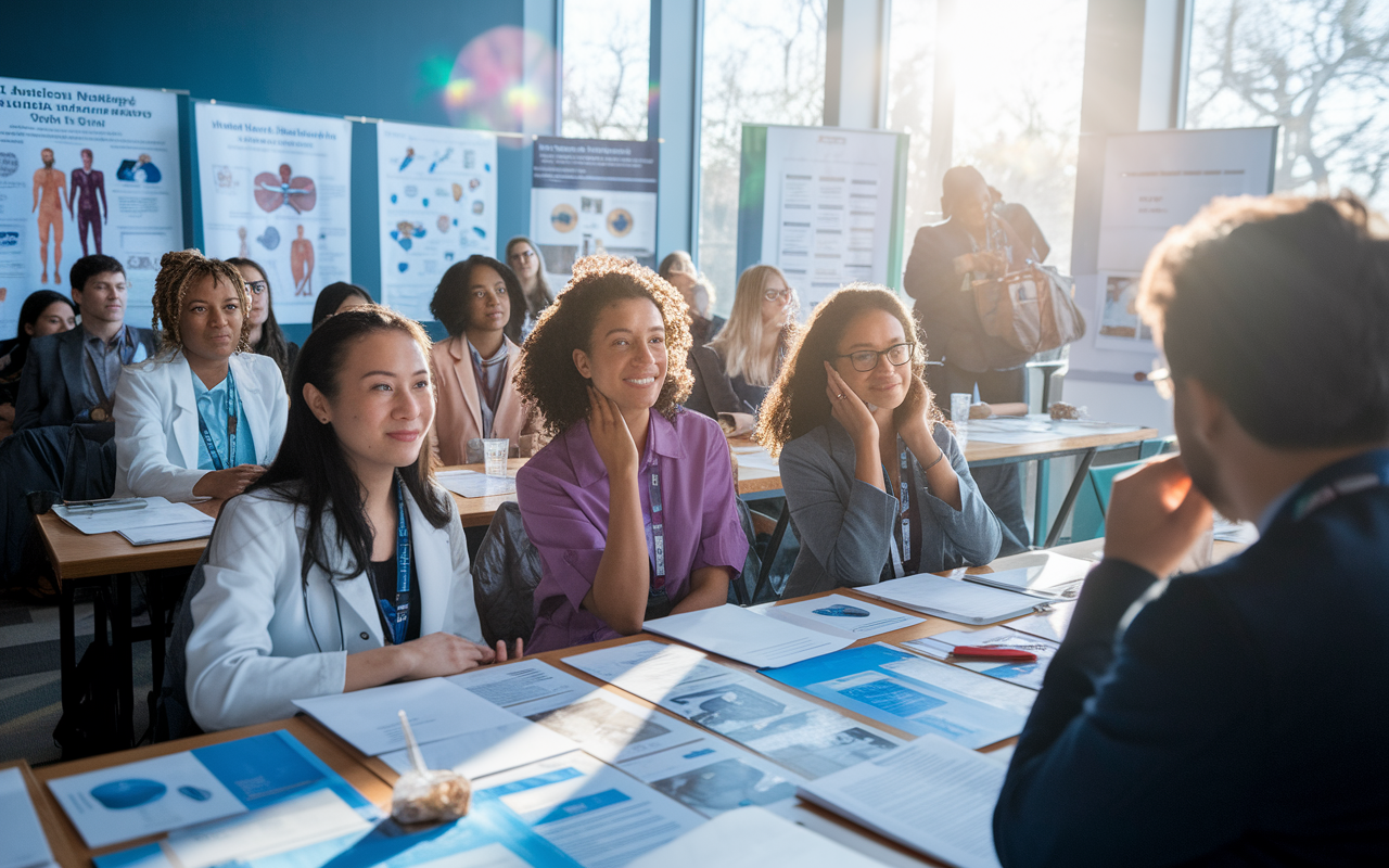 A bright, engaging scene within a medical workshop hosted by the American Medical Student Association (AMSA) where international medical graduates (IMGs) gather. The room is filled with medical posters, educational materials, and a diverse group of students listening intently to an experienced mentor. Natural light filters through the windows, creating a comfortable and dynamic setting that emphasizes learning and collaboration.