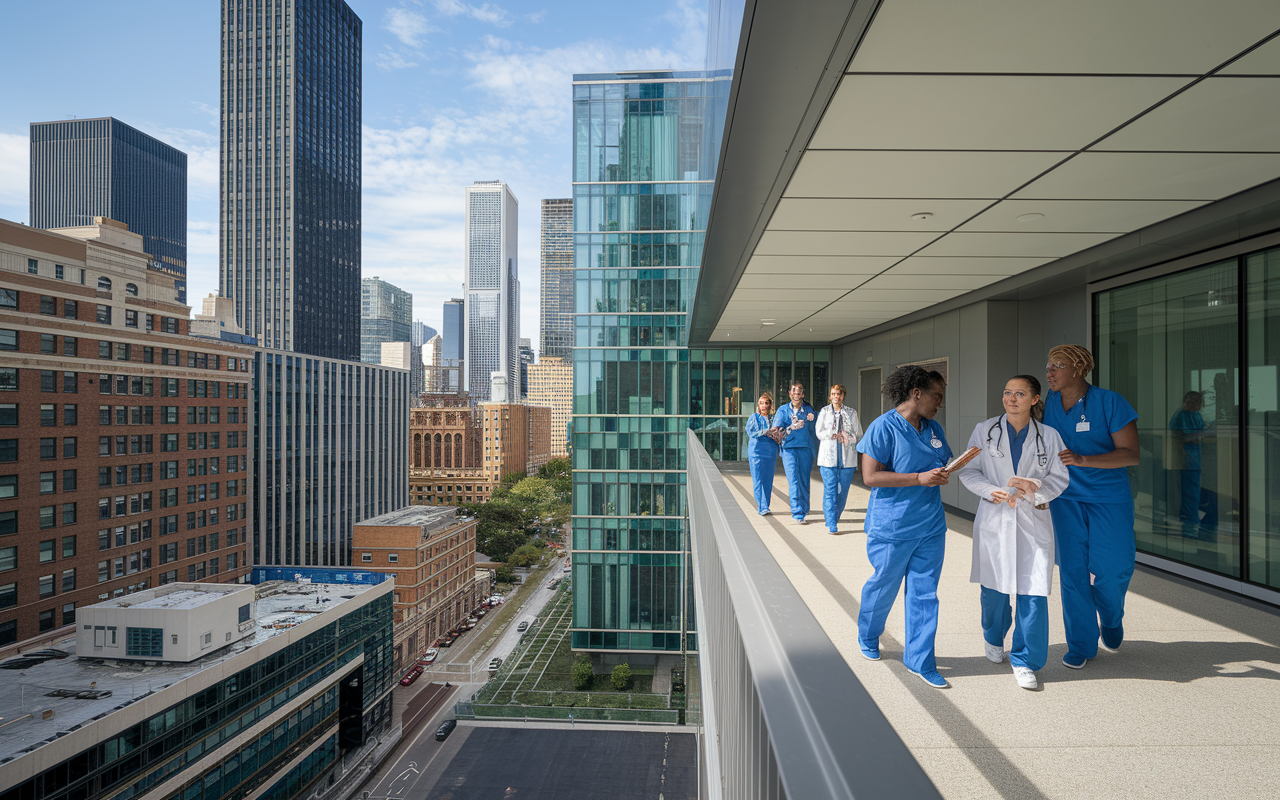 A dynamic glimpse of an IMG observing clinical practices at Northwestern University in Chicago. The energetic urban hospital scene is filled with healthcare professionals collaborating on patient care strategies. The perspective captures the synergy of an integrated healthcare system, showcasing a diverse group of medical professionals working together in vibrant, modern facilities.